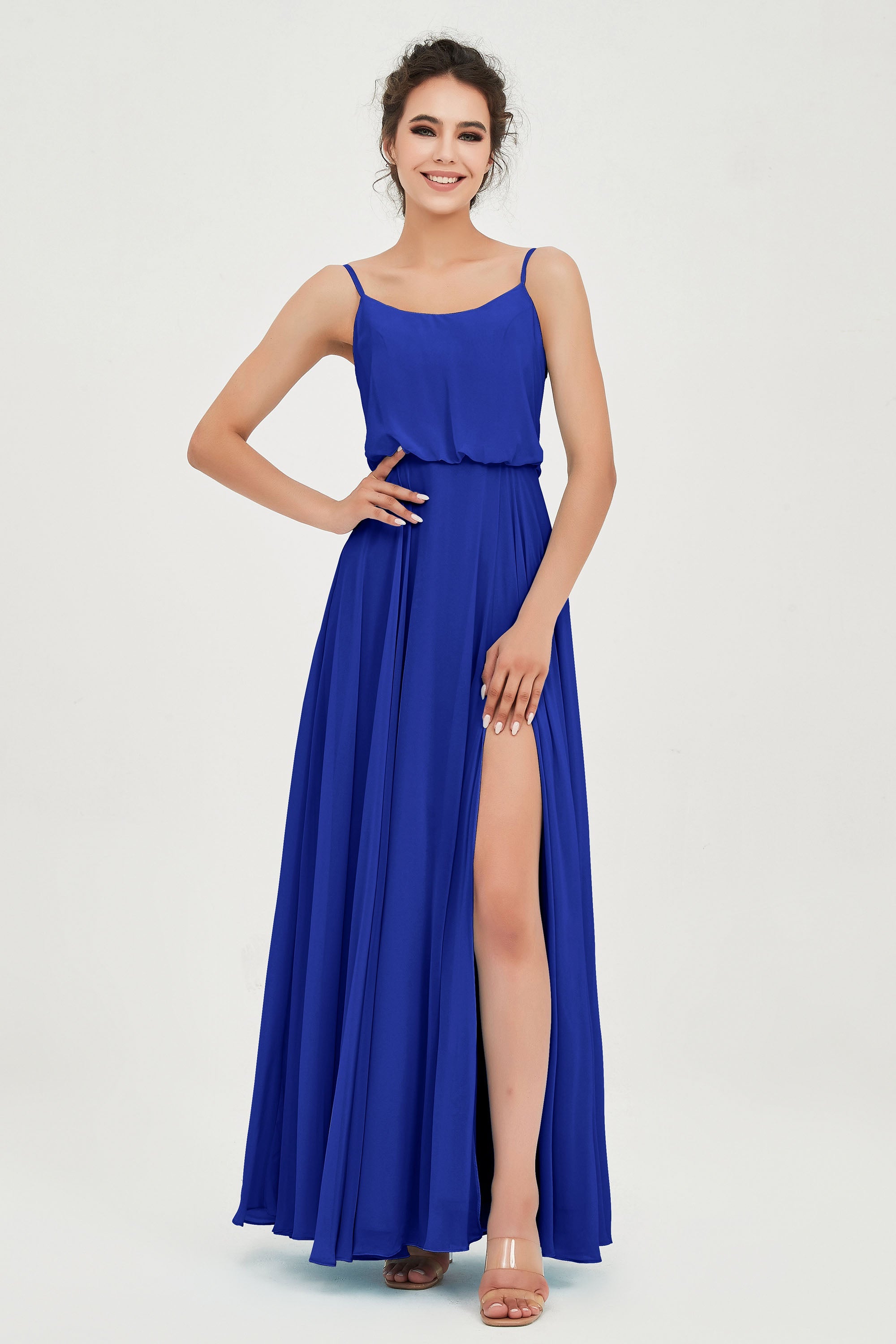 Spaghetti Straps Chiffon A Line Bridesmaid Dress Long Ruched Formal Evening Dresses with Slit