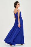 Spaghetti Straps Chiffon A Line Bridesmaid Dress Long Ruched Formal Evening Dresses with Slit