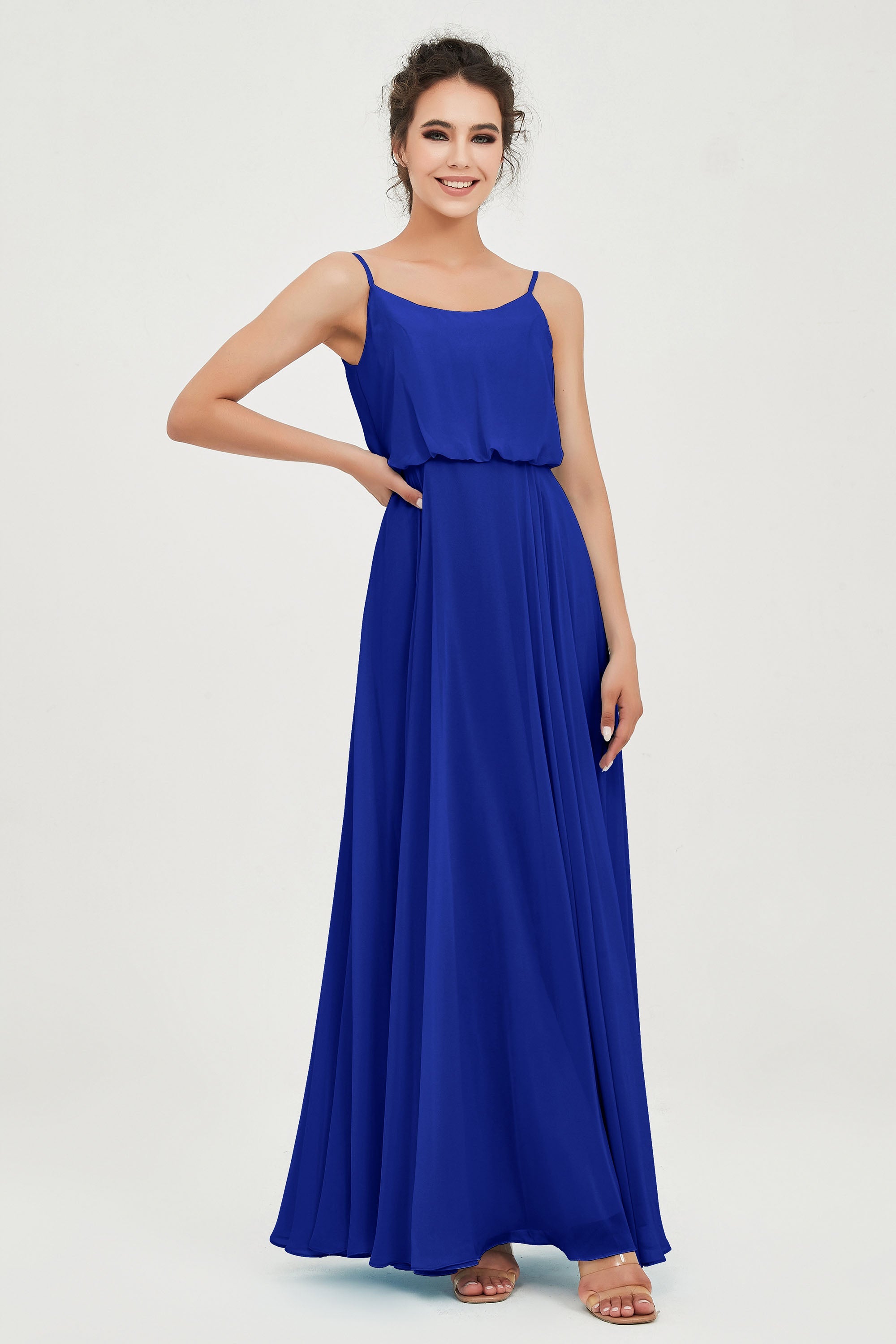 Spaghetti Straps Chiffon A Line Bridesmaid Dress Long Ruched Formal Evening Dresses with Slit