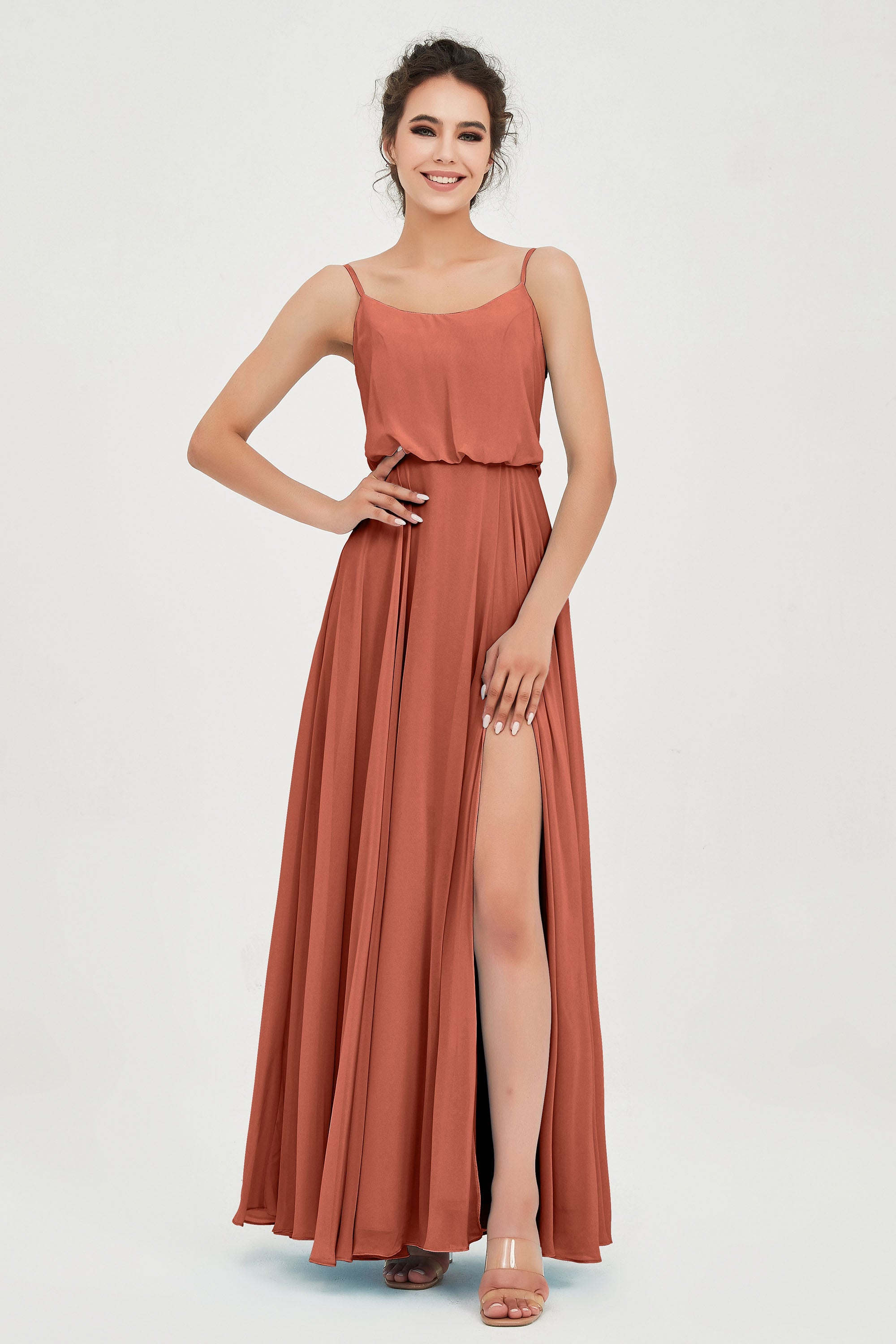 Spaghetti Straps Chiffon A Line Bridesmaid Dress Long Ruched Formal Evening Dresses with Slit