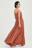 Spaghetti Straps Chiffon A Line Bridesmaid Dress Long Ruched Formal Evening Dresses with Slit