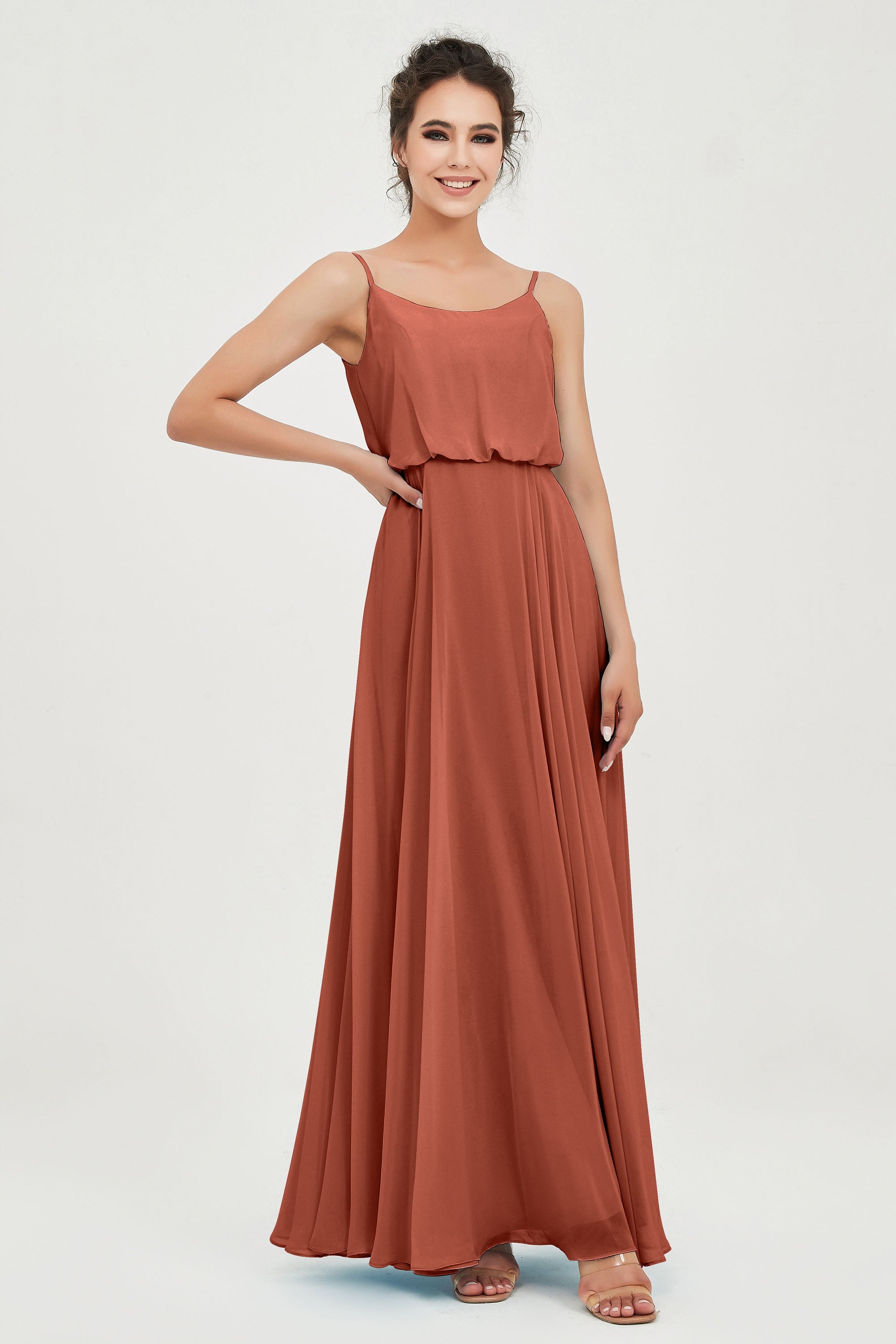Spaghetti Straps Chiffon A Line Bridesmaid Dress Long Ruched Formal Evening Dresses with Slit