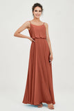 Spaghetti Straps Chiffon A Line Bridesmaid Dress Long Ruched Formal Evening Dresses with Slit