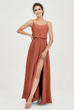 Spaghetti Straps Chiffon A Line Bridesmaid Dress Long Ruched Formal Evening Dresses with Slit