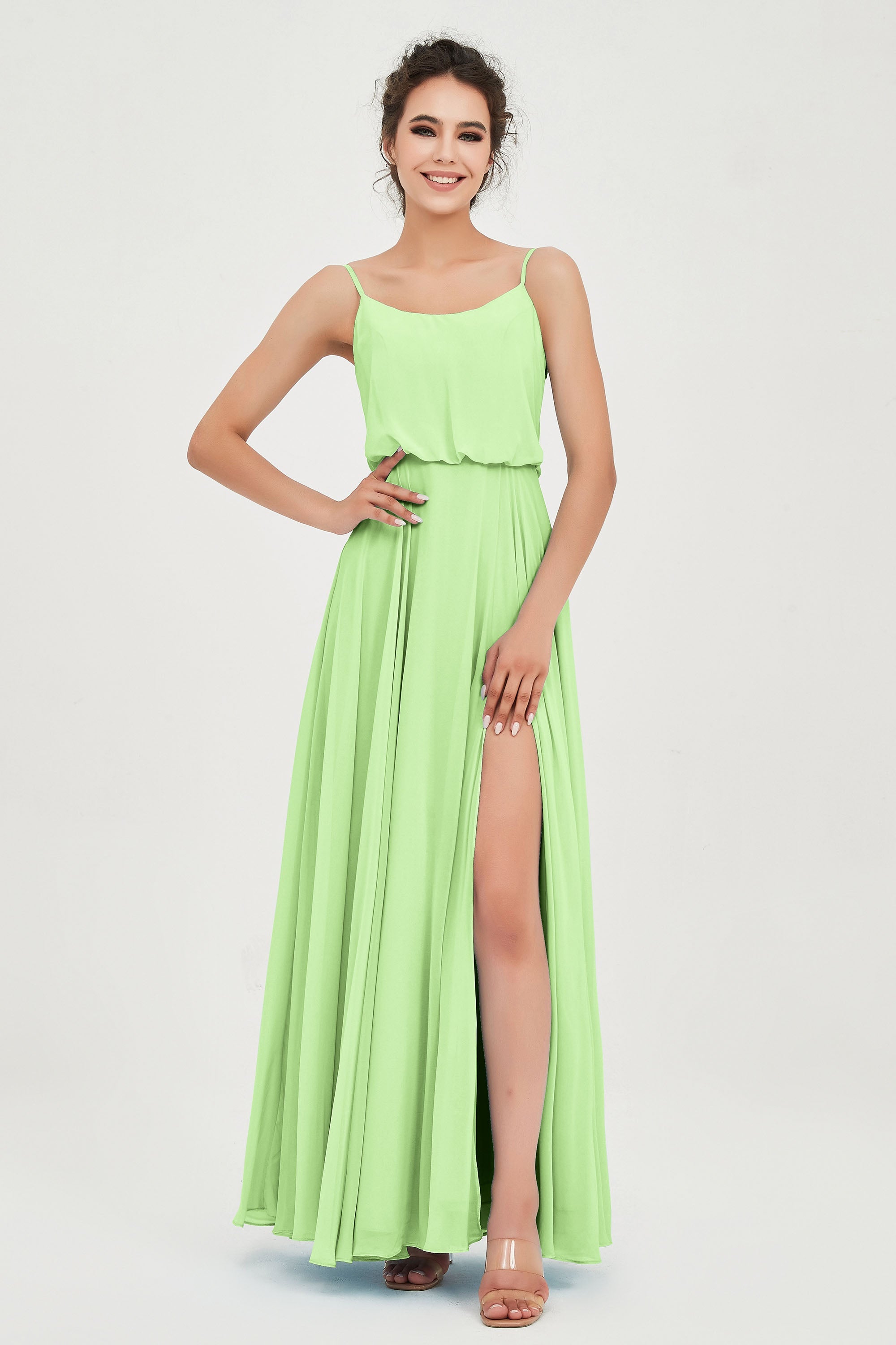 Spaghetti Straps Chiffon A Line Bridesmaid Dress Long Ruched Formal Evening Dresses with Slit
