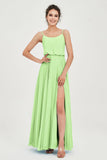 Spaghetti Straps Chiffon A Line Bridesmaid Dress Long Ruched Formal Evening Dresses with Slit