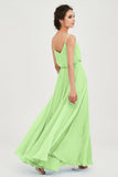 Spaghetti Straps Chiffon A Line Bridesmaid Dress Long Ruched Formal Evening Dresses with Slit