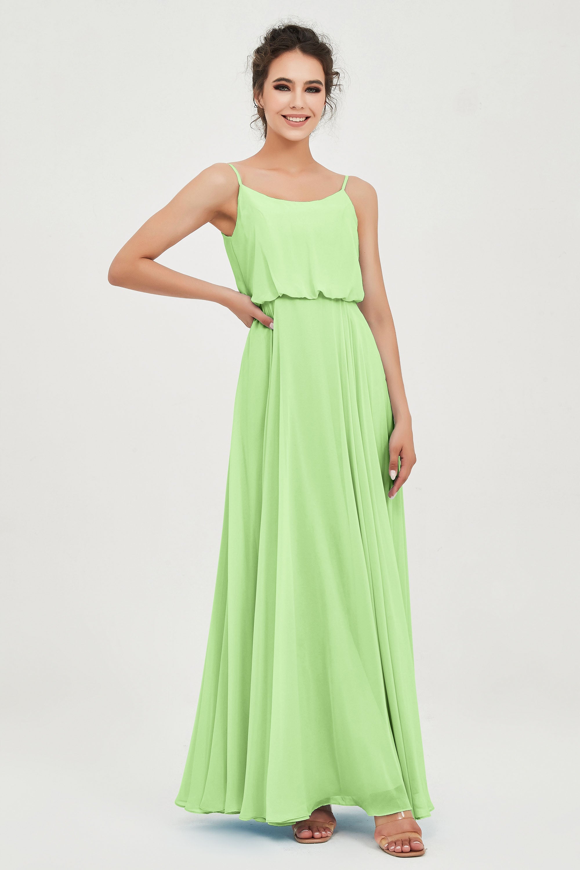 Spaghetti Straps Chiffon A Line Bridesmaid Dress Long Ruched Formal Evening Dresses with Slit
