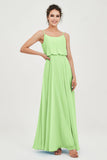 Spaghetti Straps Chiffon A Line Bridesmaid Dress Long Ruched Formal Evening Dresses with Slit
