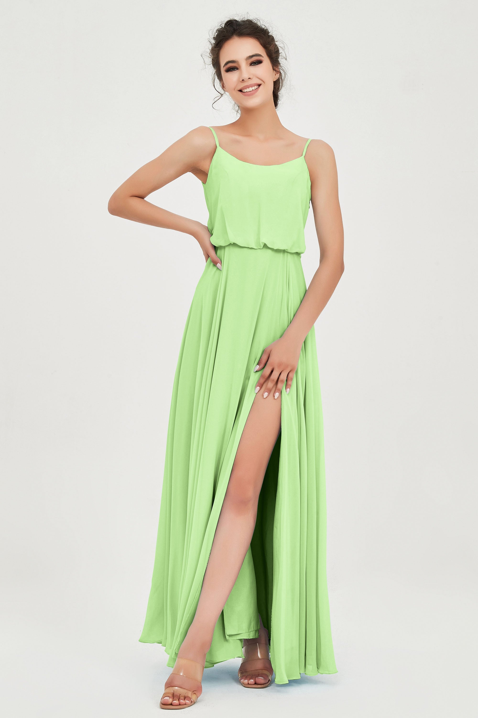 Spaghetti Straps Chiffon A Line Bridesmaid Dress Long Ruched Formal Evening Dresses with Slit