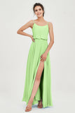 Spaghetti Straps Chiffon A Line Bridesmaid Dress Long Ruched Formal Evening Dresses with Slit
