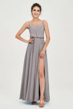 Spaghetti Straps Chiffon A Line Bridesmaid Dress Long Ruched Formal Evening Dresses with Slit