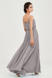 Spaghetti Straps Chiffon A Line Bridesmaid Dress Long Ruched Formal Evening Dresses with Slit
