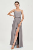 Spaghetti Straps Chiffon A Line Bridesmaid Dress Long Ruched Formal Evening Dresses with Slit