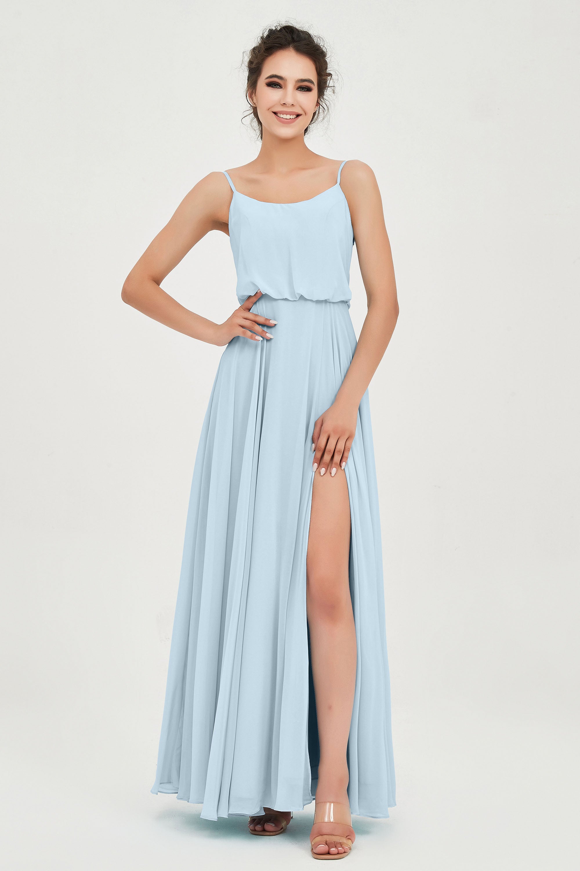 Spaghetti Straps Chiffon A Line Bridesmaid Dress Long Ruched Formal Evening Dresses with Slit