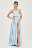 Spaghetti Straps Chiffon A Line Bridesmaid Dress Long Ruched Formal Evening Dresses with Slit