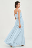 Spaghetti Straps Chiffon A Line Bridesmaid Dress Long Ruched Formal Evening Dresses with Slit