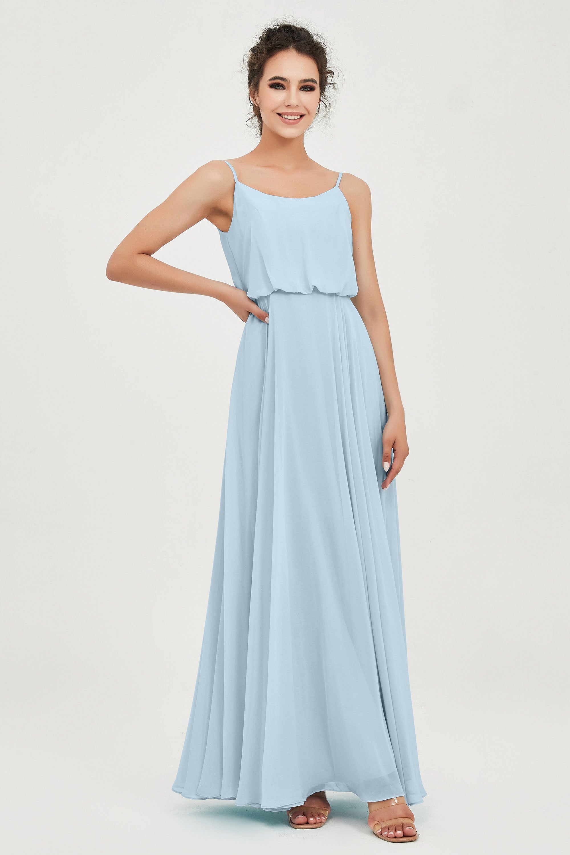 Spaghetti Straps Chiffon A Line Bridesmaid Dress Long Ruched Formal Evening Dresses with Slit