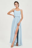 Spaghetti Straps Chiffon A Line Bridesmaid Dress Long Ruched Formal Evening Dresses with Slit