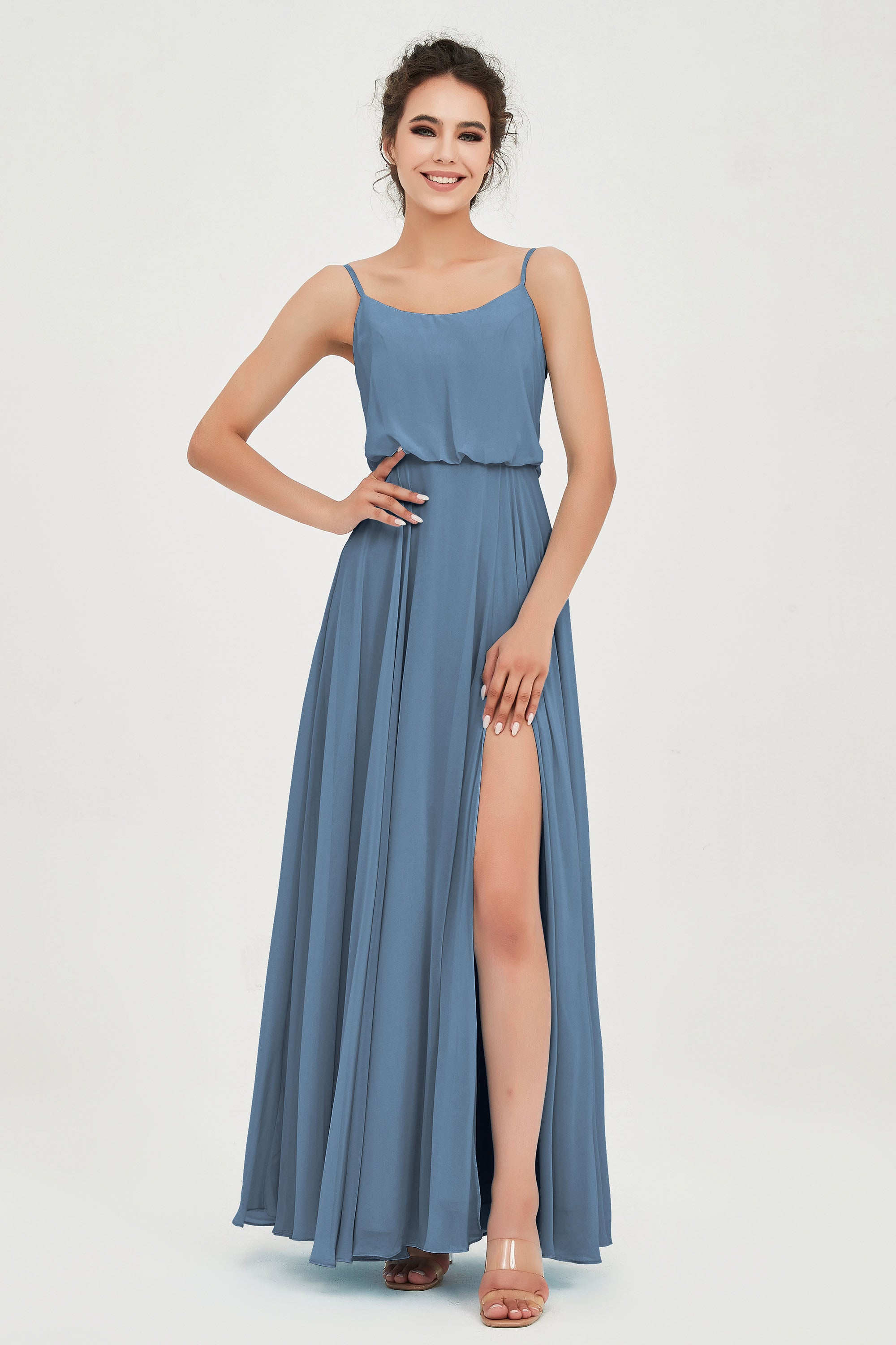 Spaghetti Straps Chiffon A Line Bridesmaid Dress Long Ruched Formal Evening Dresses with Slit