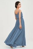 Spaghetti Straps Chiffon A Line Bridesmaid Dress Long Ruched Formal Evening Dresses with Slit