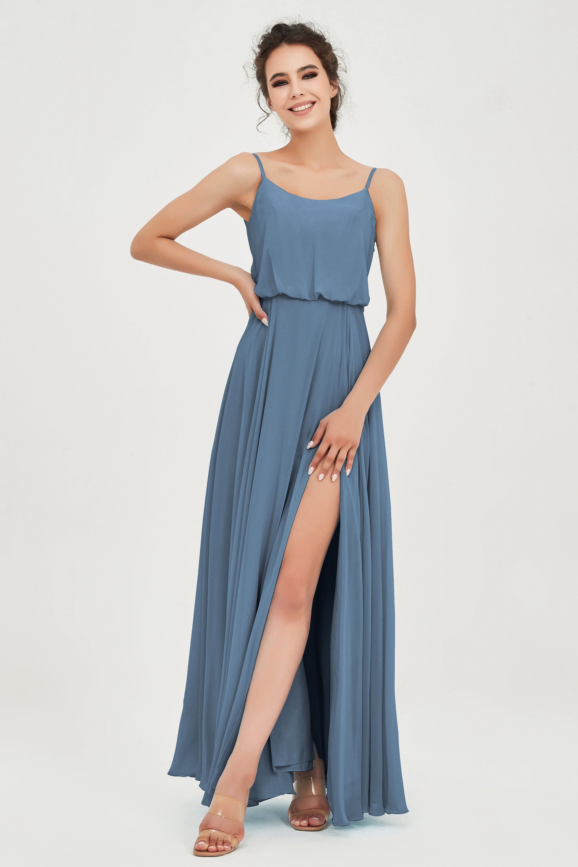 Spaghetti Straps Chiffon A Line Bridesmaid Dress Long Ruched Formal Evening Dresses with Slit