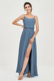 Spaghetti Straps Chiffon A Line Bridesmaid Dress Long Ruched Formal Evening Dresses with Slit