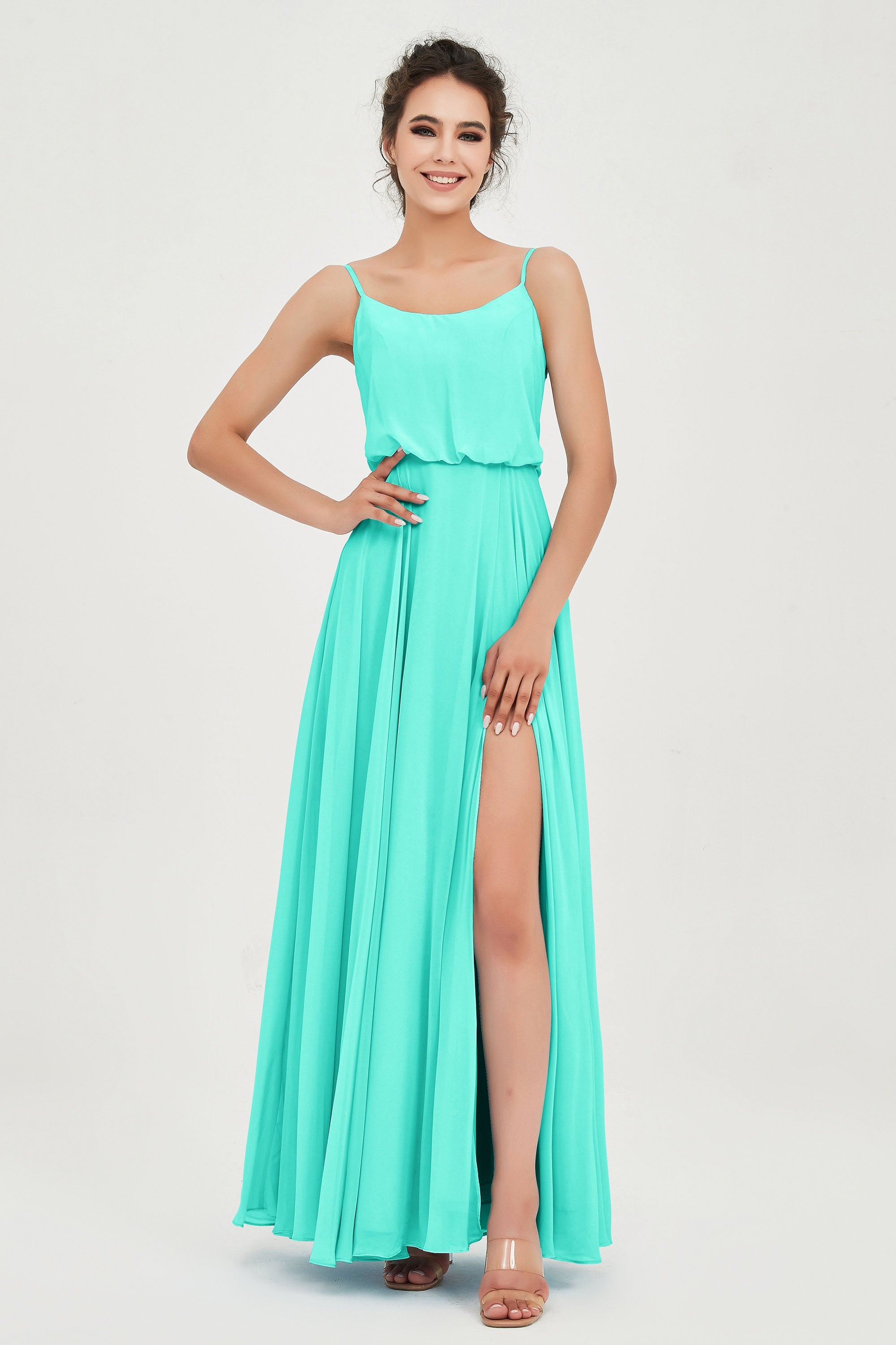 Spaghetti Straps Chiffon A Line Bridesmaid Dress Long Ruched Formal Evening Dresses with Slit