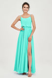 Spaghetti Straps Chiffon A Line Bridesmaid Dress Long Ruched Formal Evening Dresses with Slit