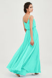 Spaghetti Straps Chiffon A Line Bridesmaid Dress Long Ruched Formal Evening Dresses with Slit