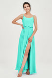 Spaghetti Straps Chiffon A Line Bridesmaid Dress Long Ruched Formal Evening Dresses with Slit