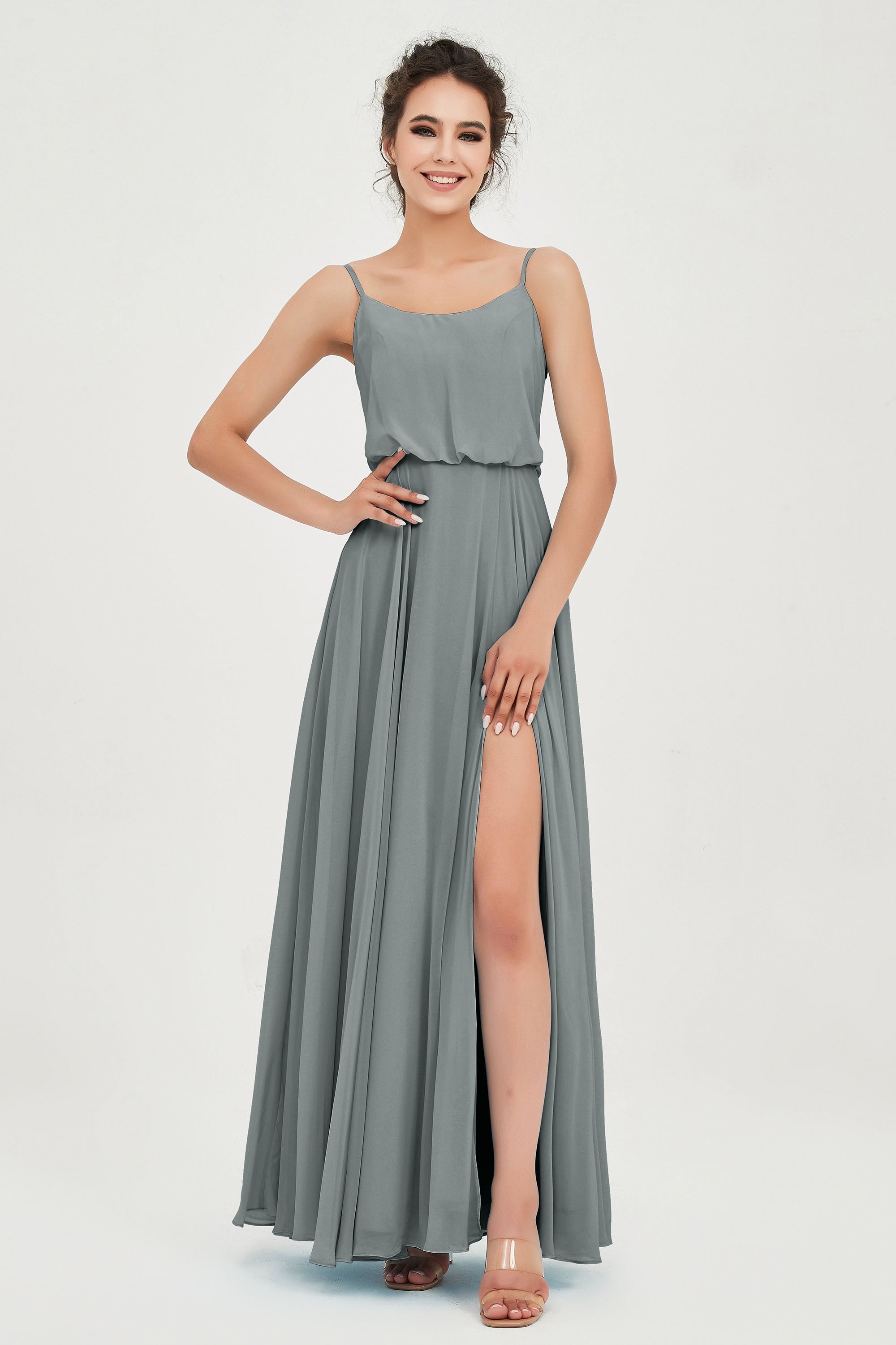 Spaghetti Straps Chiffon A Line Bridesmaid Dress Long Ruched Formal Evening Dresses with Slit