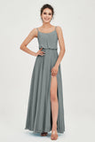 Spaghetti Straps Chiffon A Line Bridesmaid Dress Long Ruched Formal Evening Dresses with Slit