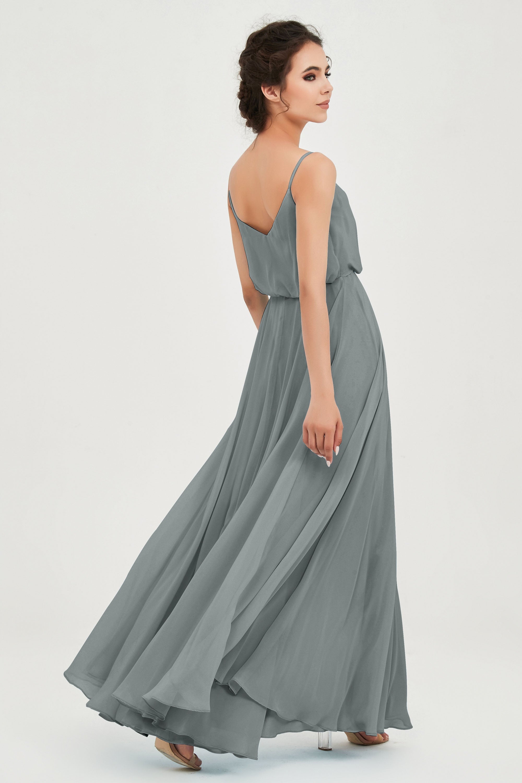 Spaghetti Straps Chiffon A Line Bridesmaid Dress Long Ruched Formal Evening Dresses with Slit