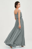 Spaghetti Straps Chiffon A Line Bridesmaid Dress Long Ruched Formal Evening Dresses with Slit