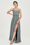 Spaghetti Straps Chiffon A Line Bridesmaid Dress Long Ruched Formal Evening Dresses with Slit