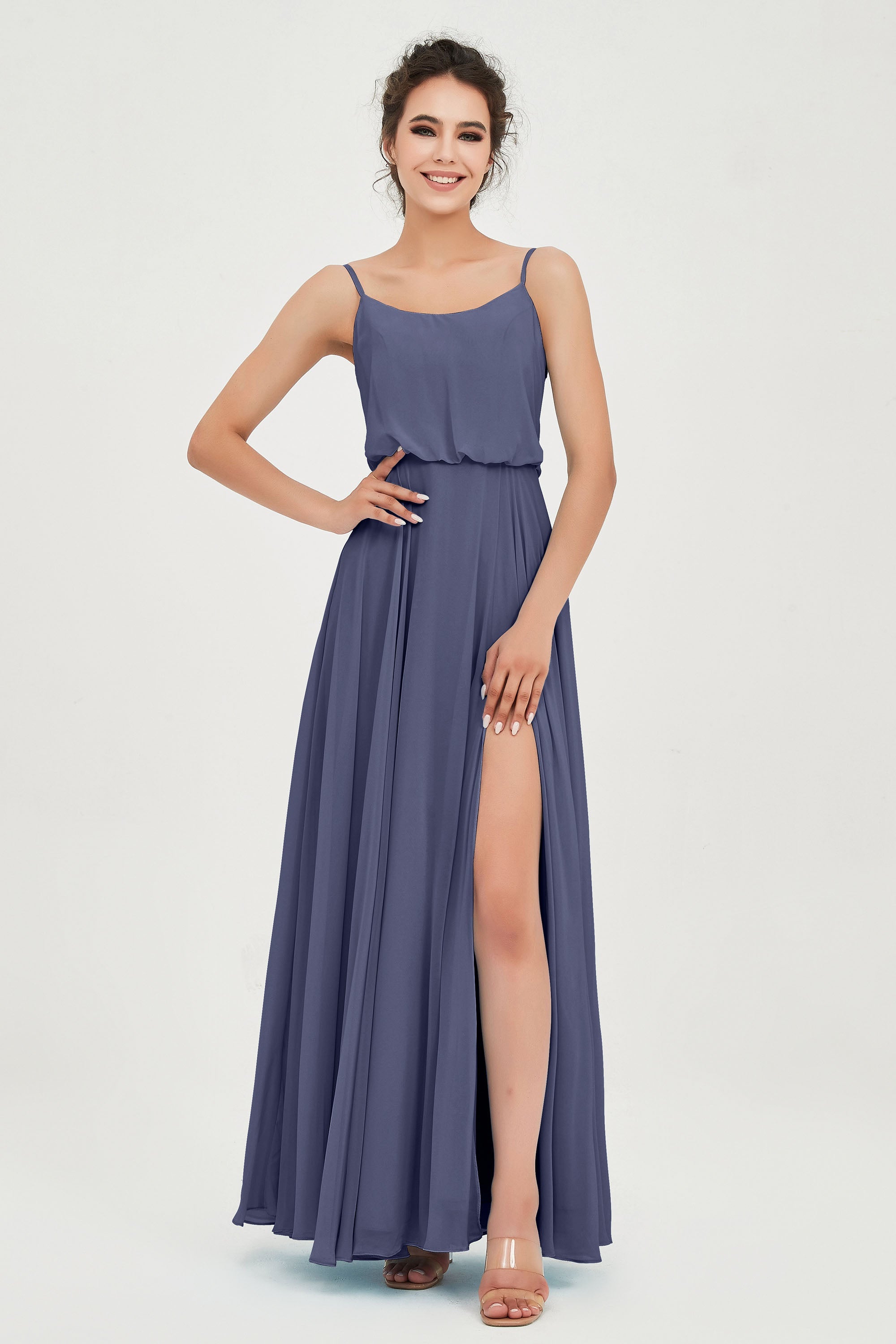 Spaghetti Straps Chiffon A Line Bridesmaid Dress Long Ruched Formal Evening Dresses with Slit