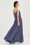 Spaghetti Straps Chiffon A Line Bridesmaid Dress Long Ruched Formal Evening Dresses with Slit