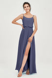 Spaghetti Straps Chiffon A Line Bridesmaid Dress Long Ruched Formal Evening Dresses with Slit