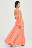 Spaghetti Straps Chiffon A Line Bridesmaid Dress Long Ruched Formal Evening Dresses with Slit