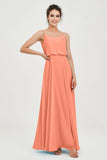 Spaghetti Straps Chiffon A Line Bridesmaid Dress Long Ruched Formal Evening Dresses with Slit