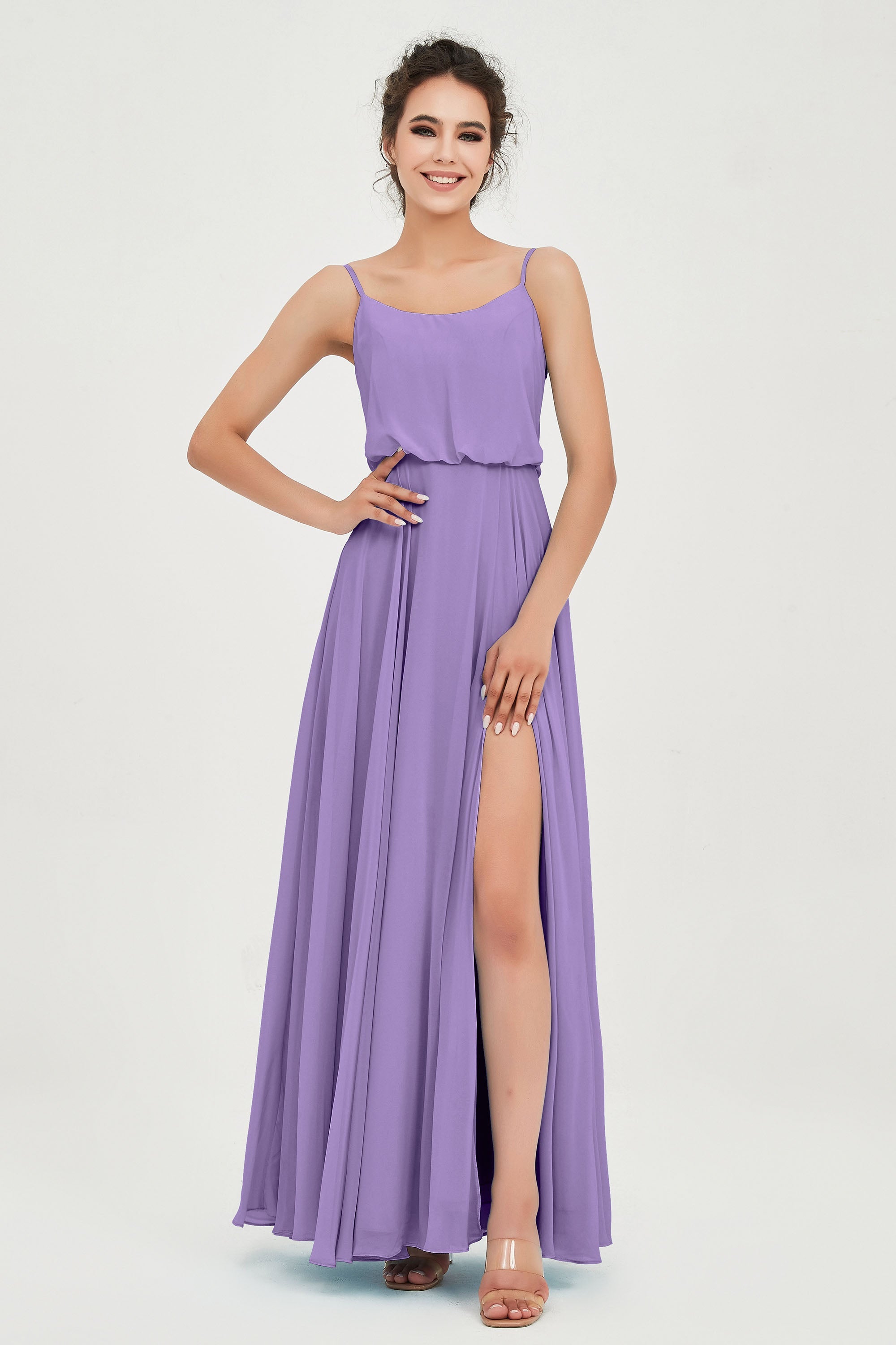 Spaghetti Straps Chiffon A Line Bridesmaid Dress Long Ruched Formal Evening Dresses with Slit