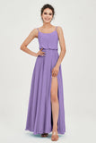 Spaghetti Straps Chiffon A Line Bridesmaid Dress Long Ruched Formal Evening Dresses with Slit