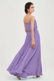 Spaghetti Straps Chiffon A Line Bridesmaid Dress Long Ruched Formal Evening Dresses with Slit