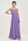 Spaghetti Straps Chiffon A Line Bridesmaid Dress Long Ruched Formal Evening Dresses with Slit