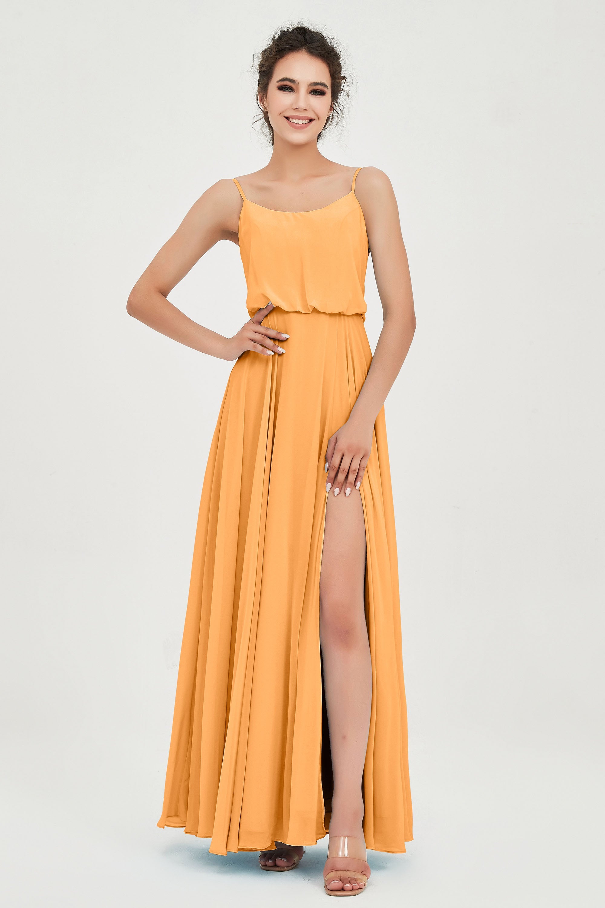 Spaghetti Straps Chiffon A Line Bridesmaid Dress Long Ruched Formal Evening Dresses with Slit