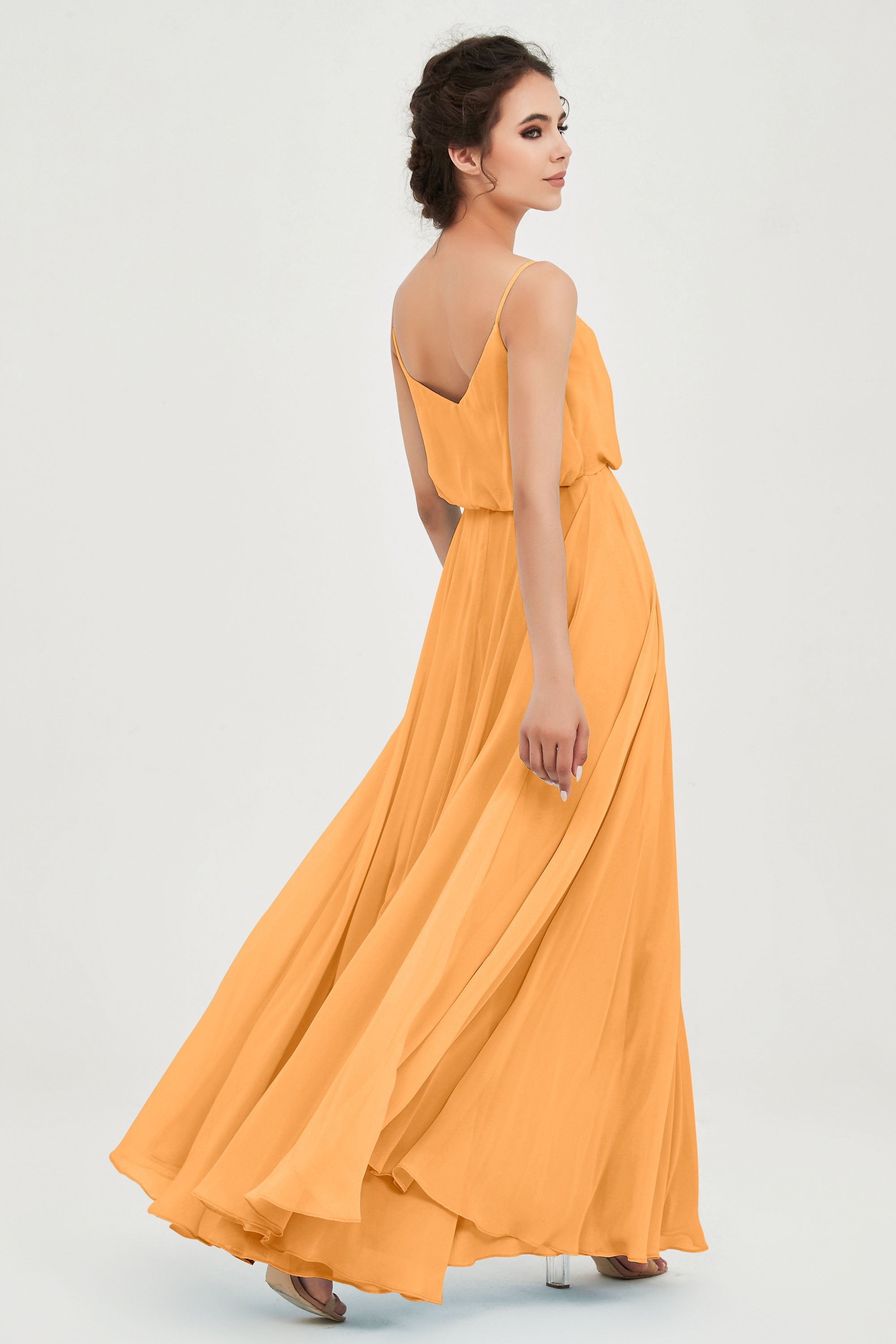 Spaghetti Straps Chiffon A Line Bridesmaid Dress Long Ruched Formal Evening Dresses with Slit