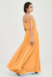 Spaghetti Straps Chiffon A Line Bridesmaid Dress Long Ruched Formal Evening Dresses with Slit