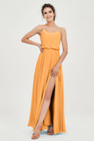 Spaghetti Straps Chiffon A Line Bridesmaid Dress Long Ruched Formal Evening Dresses with Slit