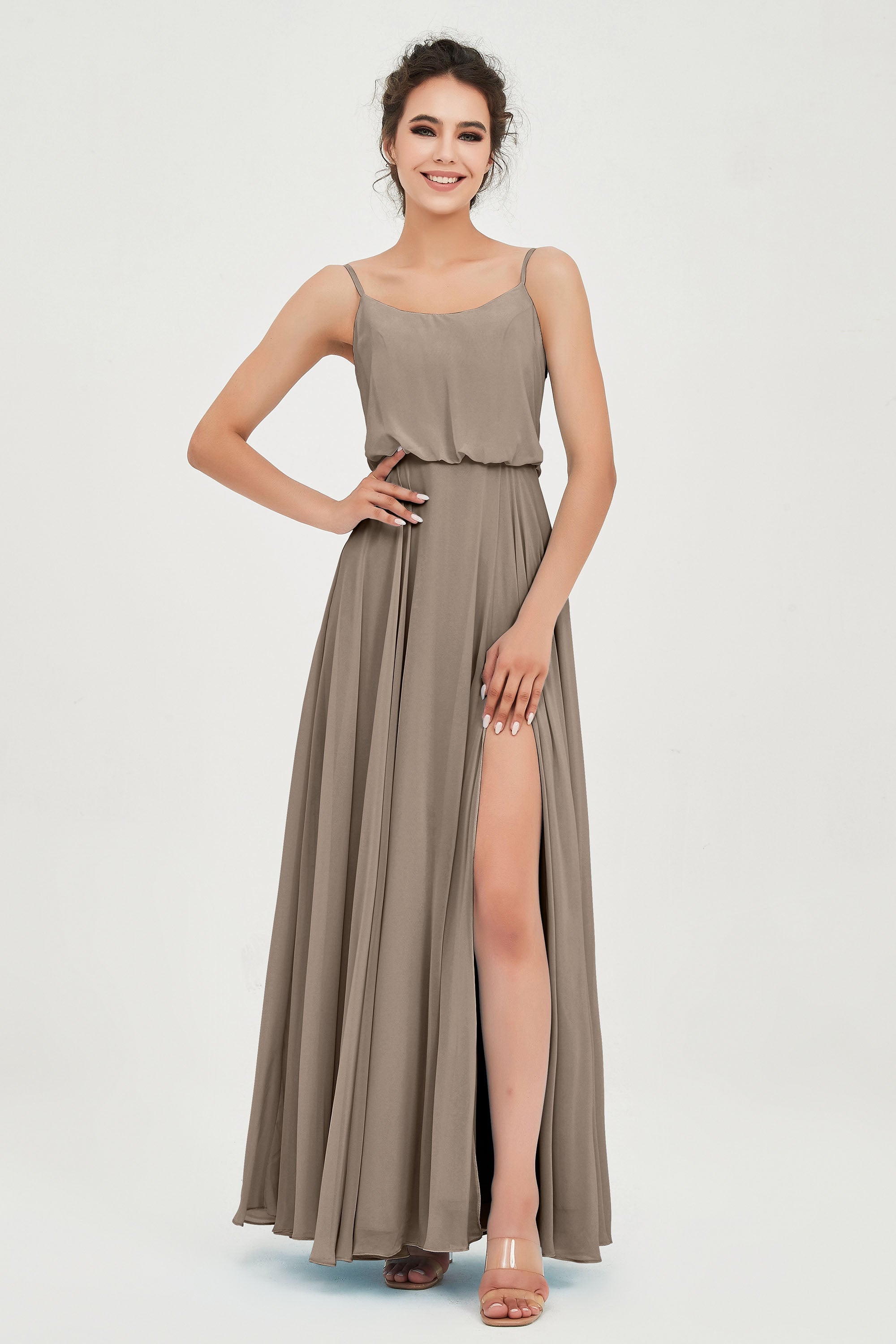 Spaghetti Straps Chiffon A Line Bridesmaid Dress Long Ruched Formal Evening Dresses with Slit